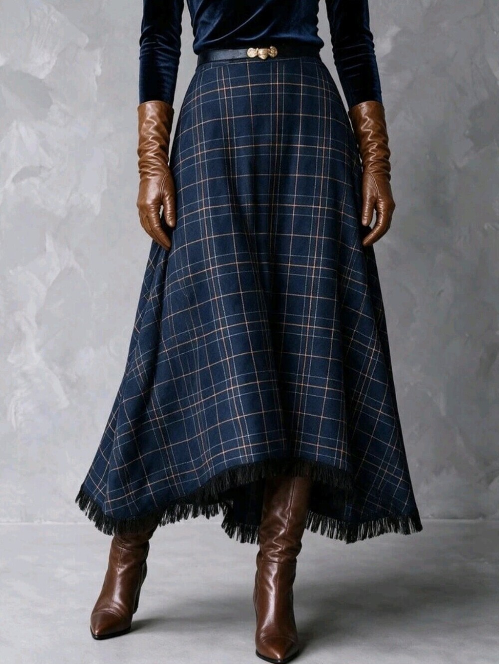 Navy Blue Plaid Asymmetrical Hem Skirt Autumn Outfit Cowgirl Outfits For Women - Picture 4 of 7